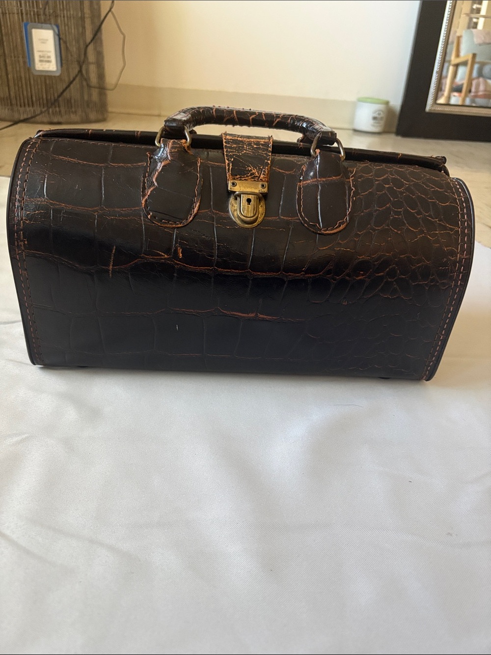 Classic Croc-Embossed Leather Doctor Bag - Brown